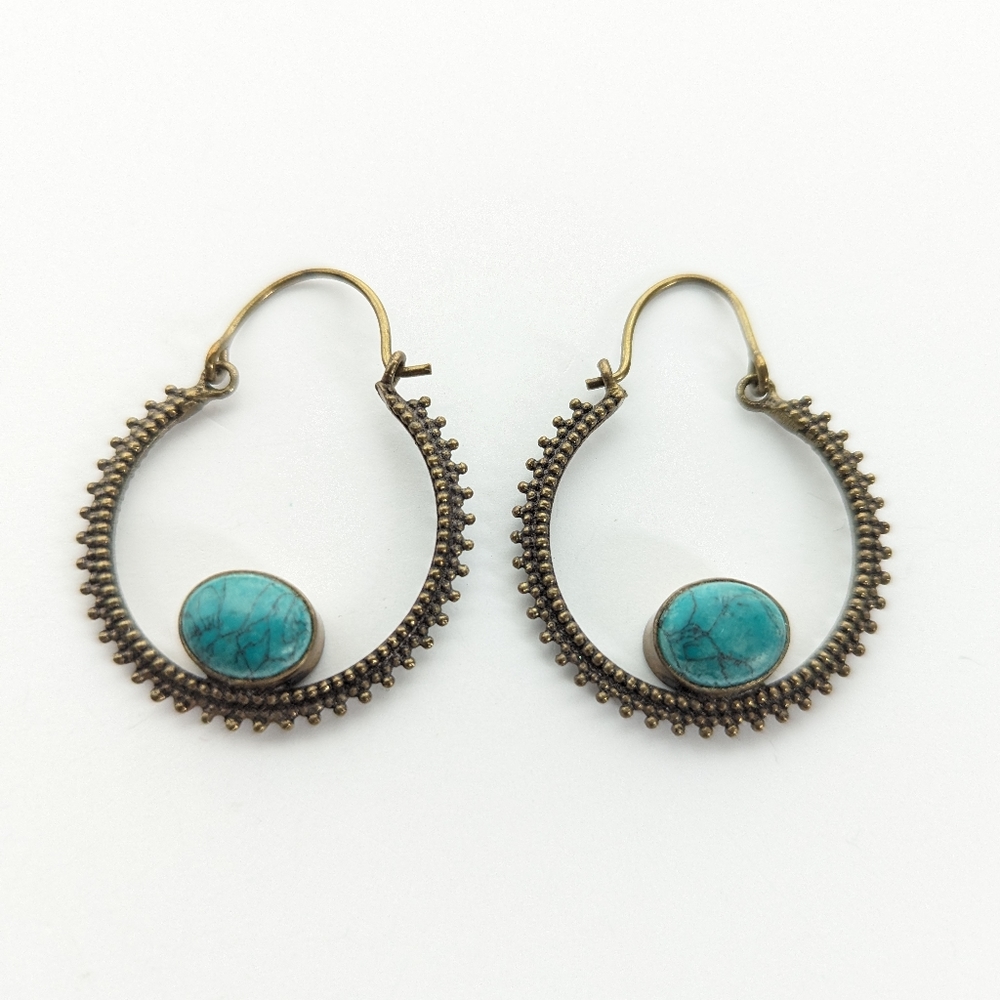 Southwestern Textured Bronze Boho Style Faux Turquoise Hook Hoop Earrings